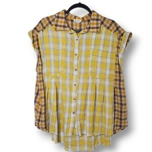 POL Yellow Oversized Plaid Button Down Shirt Women's Size Small NWOT Boho Casual